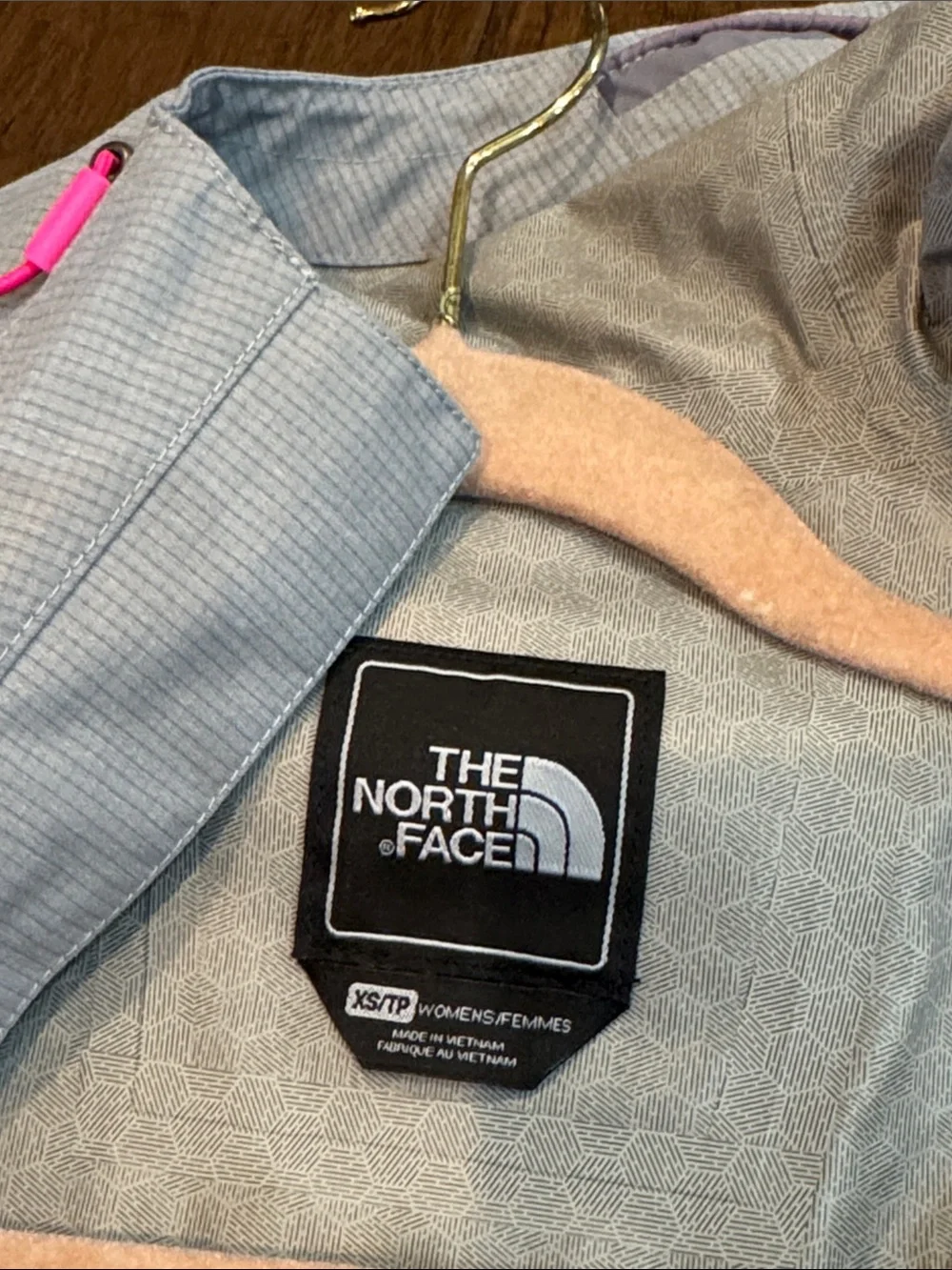 The North Face Light Gray Waterproof Hooded Jacket with Pink Trim